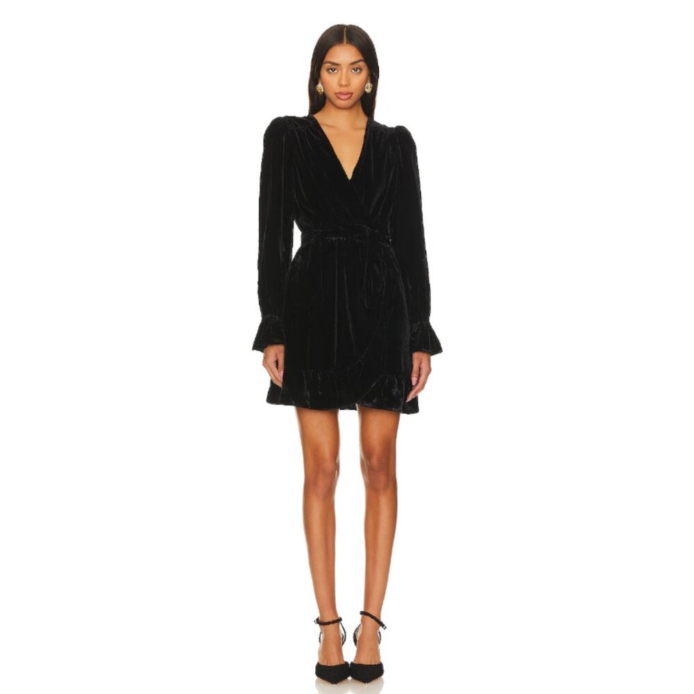 PAIGE Ysabel Black Velvet Mini Dress – Size S, Ruffle Wrap Detail $299